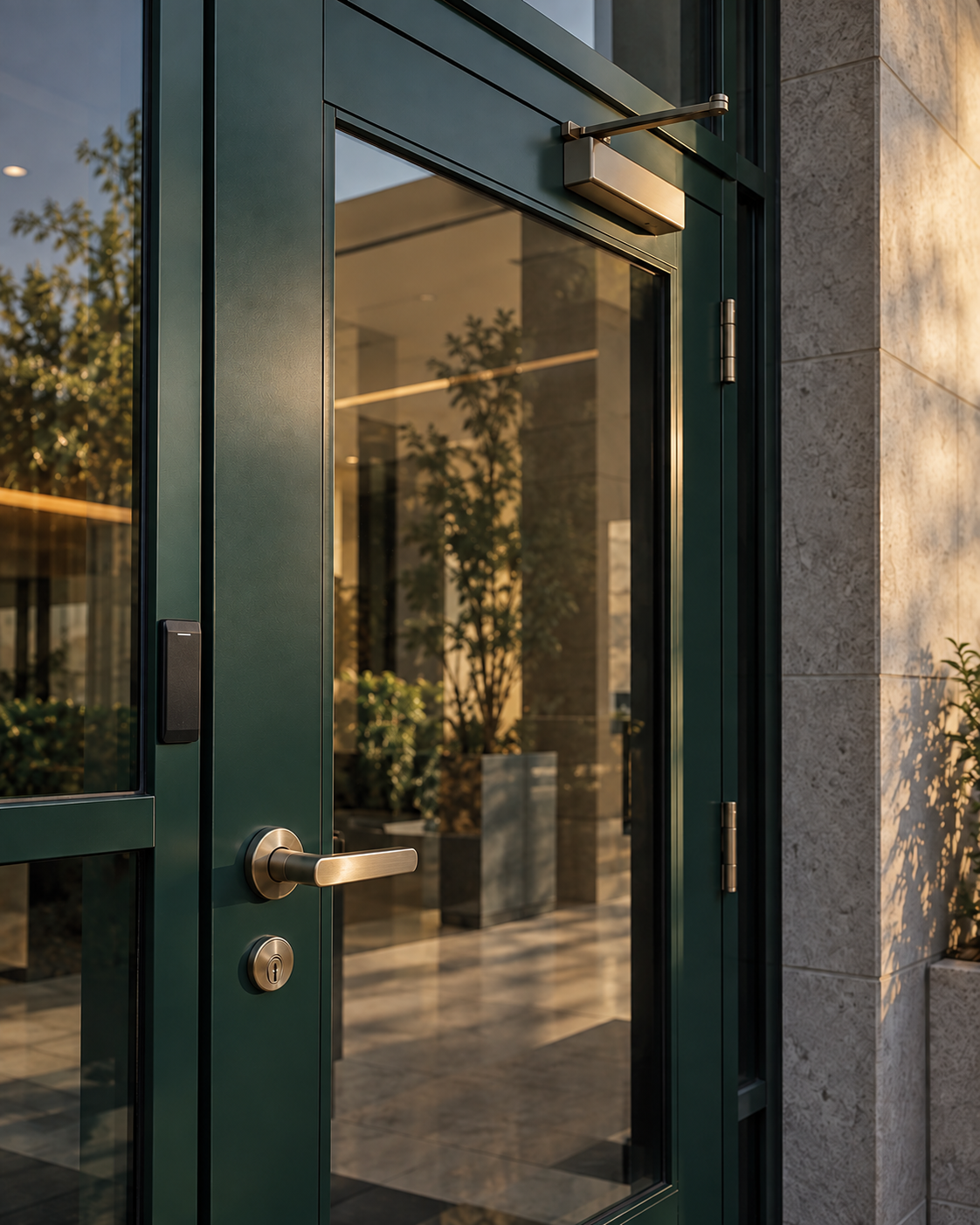 Commercial entry door with lock, access reader, and door closer